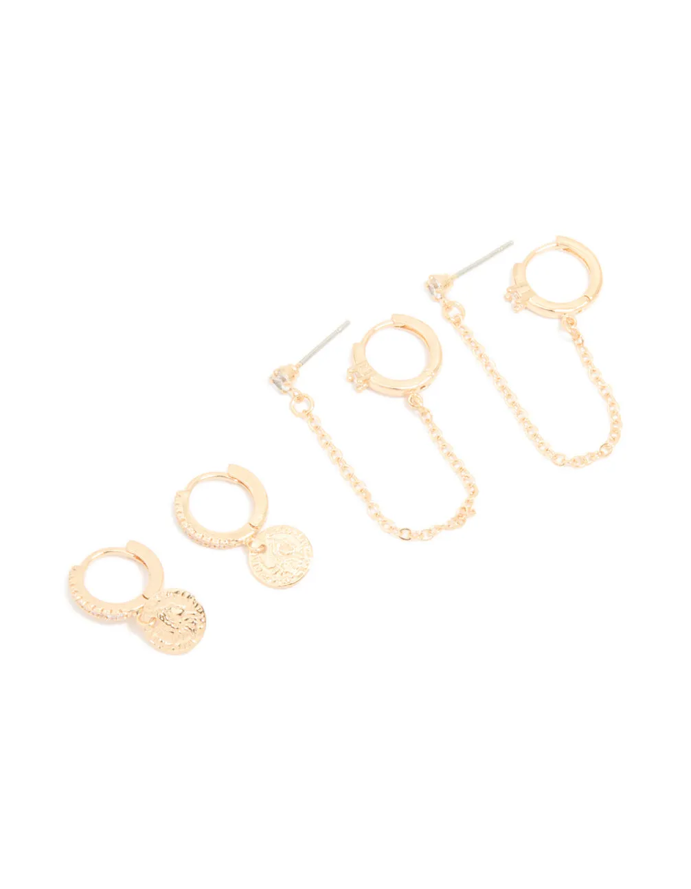 Gold Cubic Zirconia Molten Huggies & Chain Earrings 3-Pack sold by lovisa