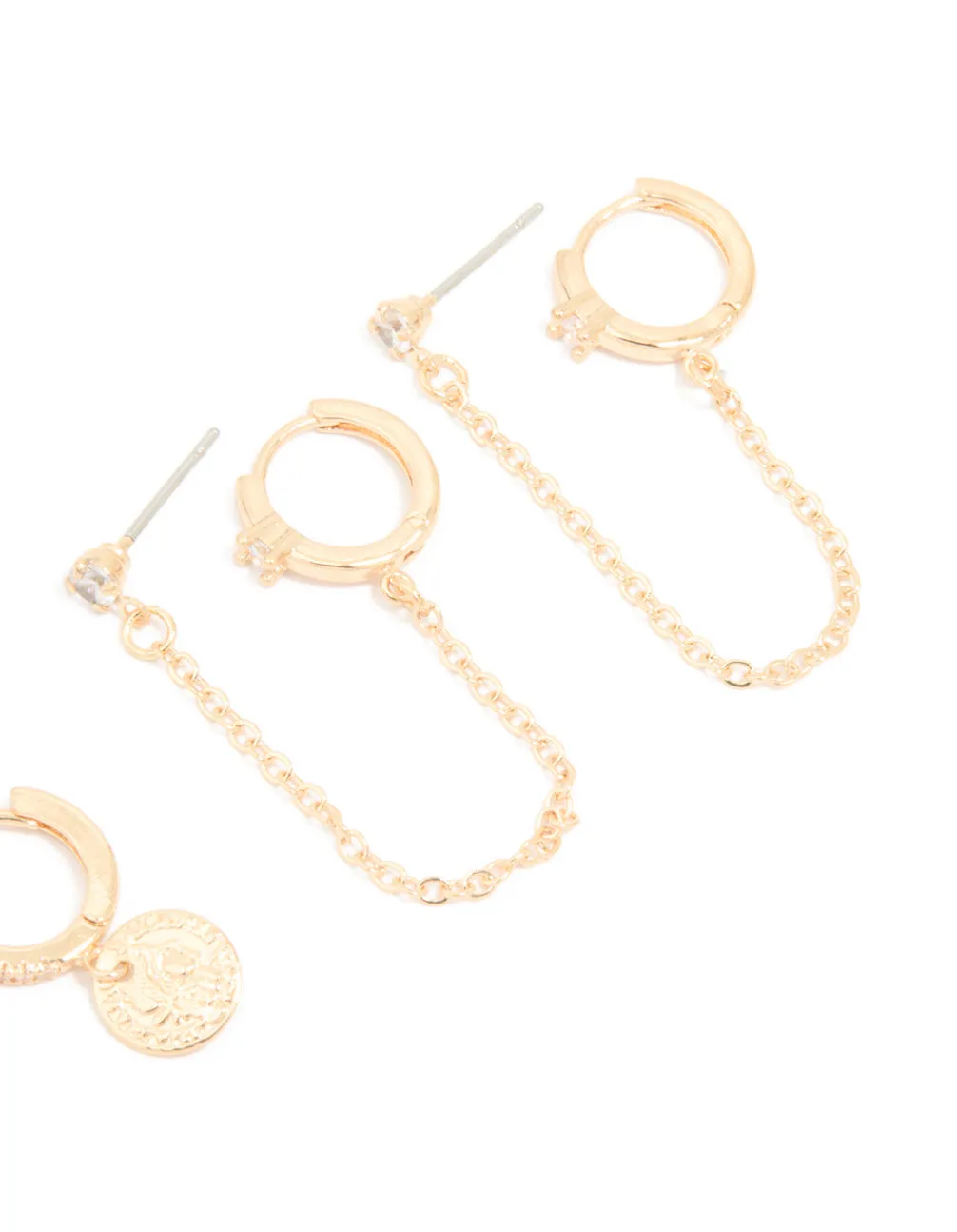 Gold Cubic Zirconia Molten Huggies & Chain Earrings 3-Pack sold by lovisa product image thumbnail 3