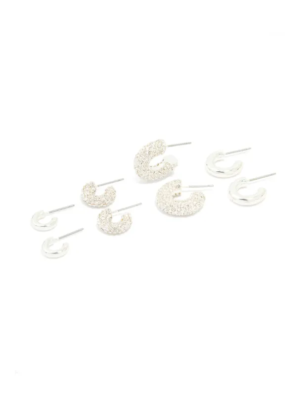 Silver Diamante & Polished Hoop Earrings 4-Pack sold by lovisa