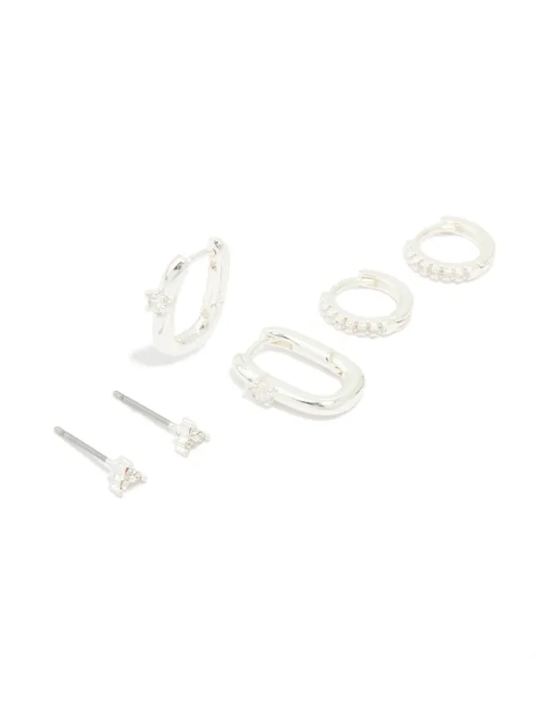 Silver Cubic Zirconia Rectangle Hoop & Stud Earrings 3-Pack sold by lovisa