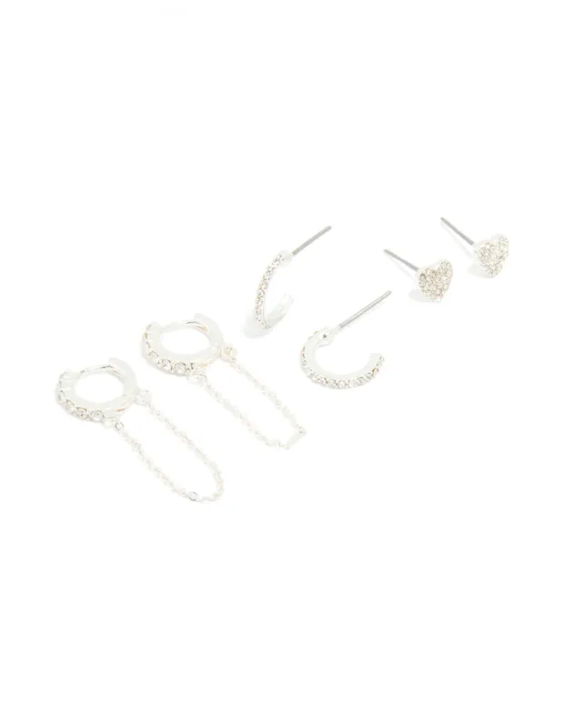 Silver Diamante Heart Hoop & Chain Earrings 3-Pack sold by lovisa