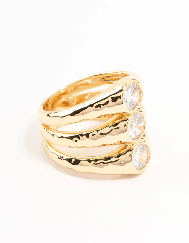 Gold Plated Textured 3 Row Cubic Zirconia Ring sold by lovisa