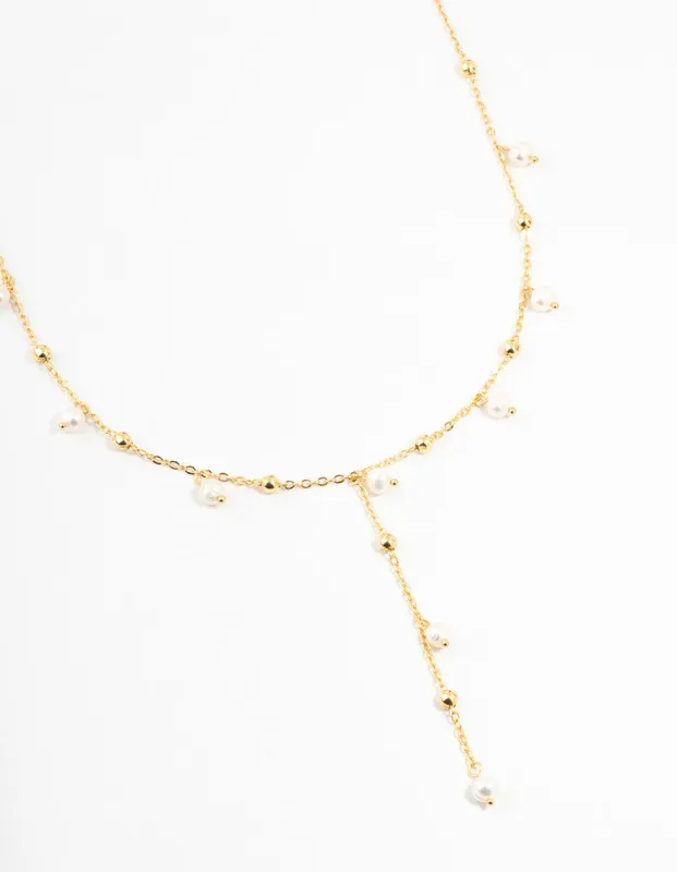 Gold Plated Alternating Pearl & Ball Y Necklace sold by lovisa