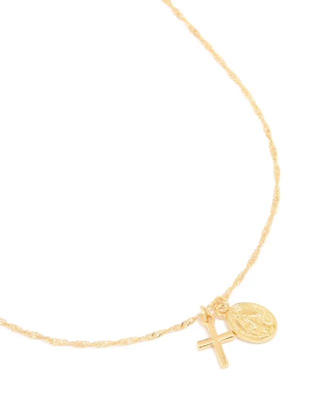 Gold Plated Cross & Coin Necklace sold by lovisa