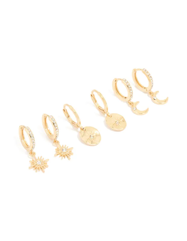 Gold Plated Diamante Celestial Huggie Earrings 3-Pack sold by lovisa