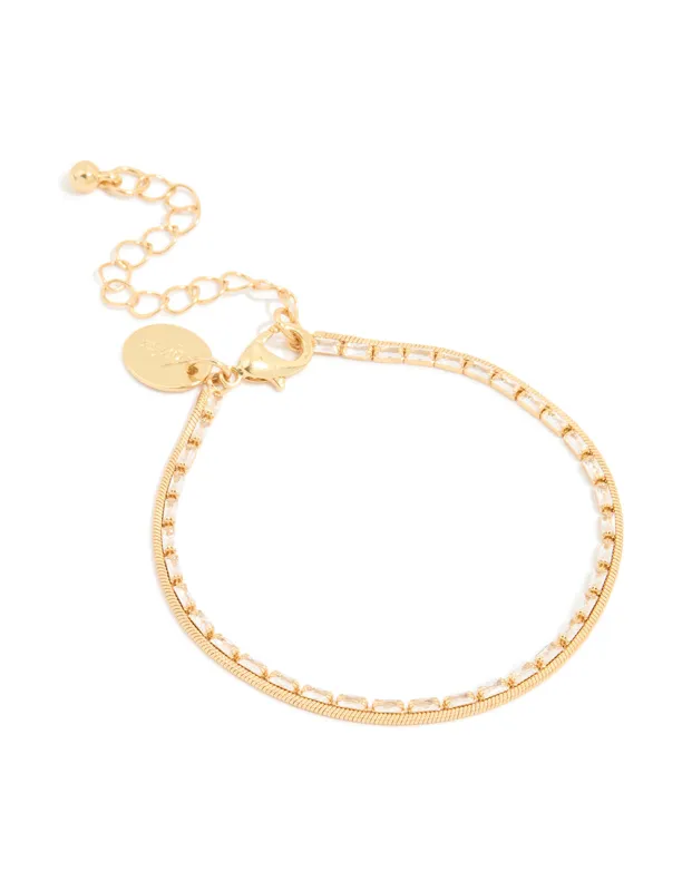 Gold Plated Cubic Zirconia Baguette & Chain Layered Bracelet sold by lovisa