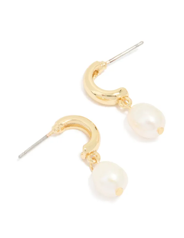 Gold Plated Freshwater Pearl Drop Huggie Earrings sold by lovisa