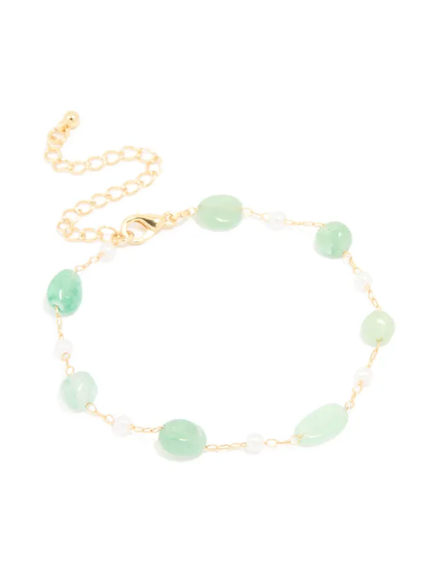 Gold Plated Green Semi Precious Stone & Mini Pearl Bracelet sold by lovisa