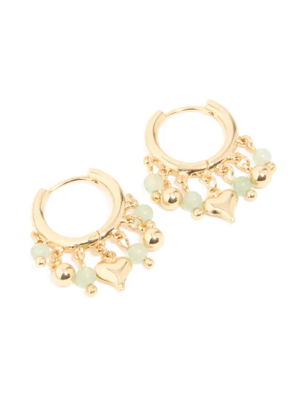 Gold Plated Green Semi Precious Stone Heart Drop Huggie Earrings sold by lovisa