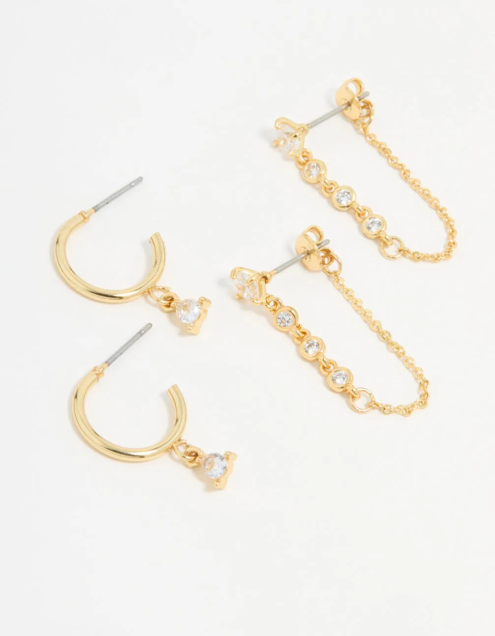 Gold Plated Cubic Zirconia Stud & Chain Earrings 2-Pack sold by lovisa