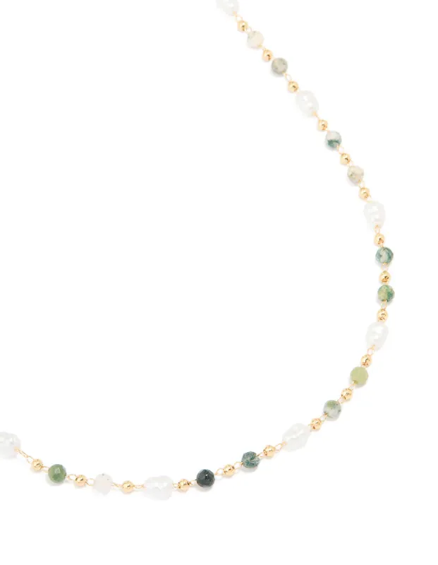Gold Plated Green Semi Precious Stone & Pearl Necklace sold by lovisa