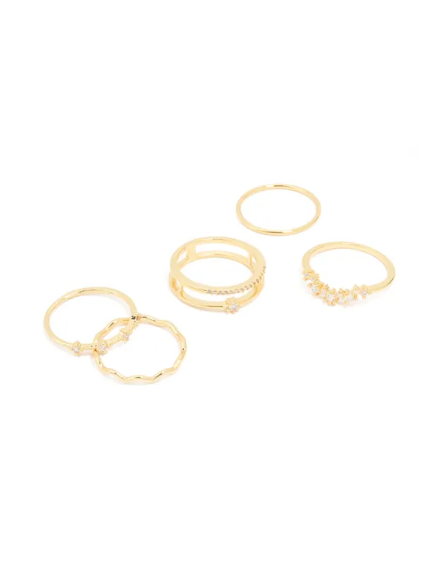 Gold Plated Cubic Zirconia Wavy Adjustable Stacking Rings 6-Pack sold by lovisa