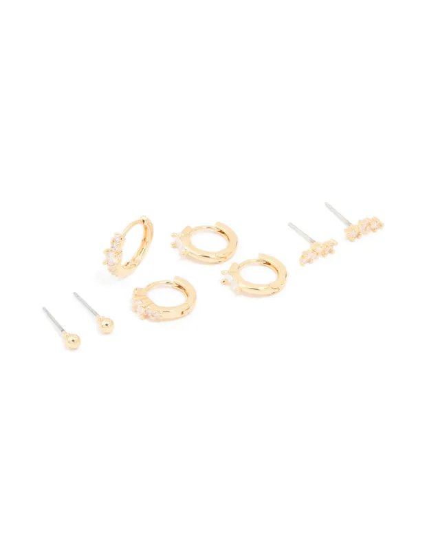 Gold Plated Cubic Zirconia Fine Huggie & Stud Earrings 4-Pack sold by lovisa