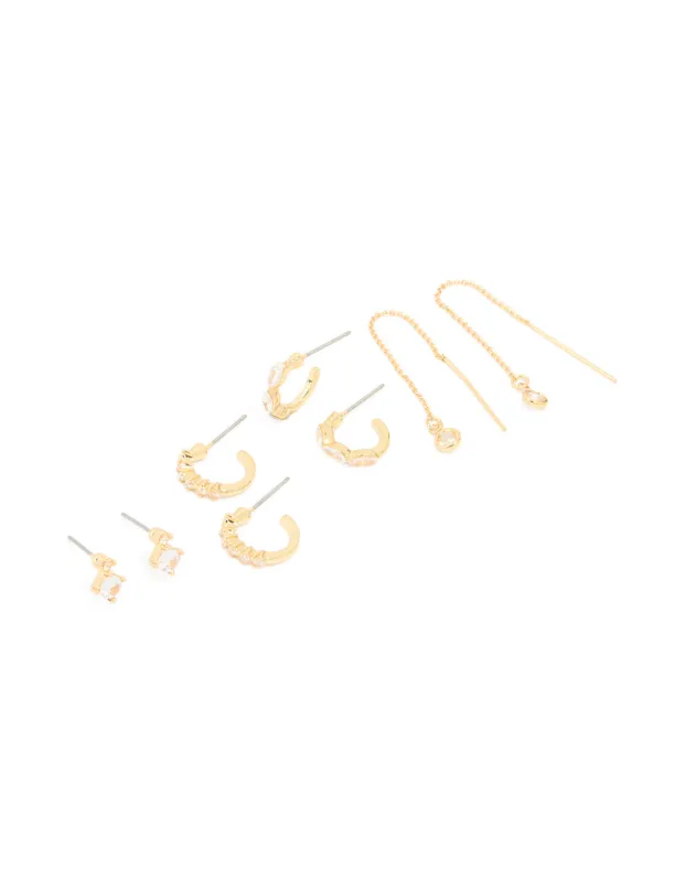 Gold Plated Cubic Zirconia Threader & Huggie Earrings 4-Pack sold by lovisa