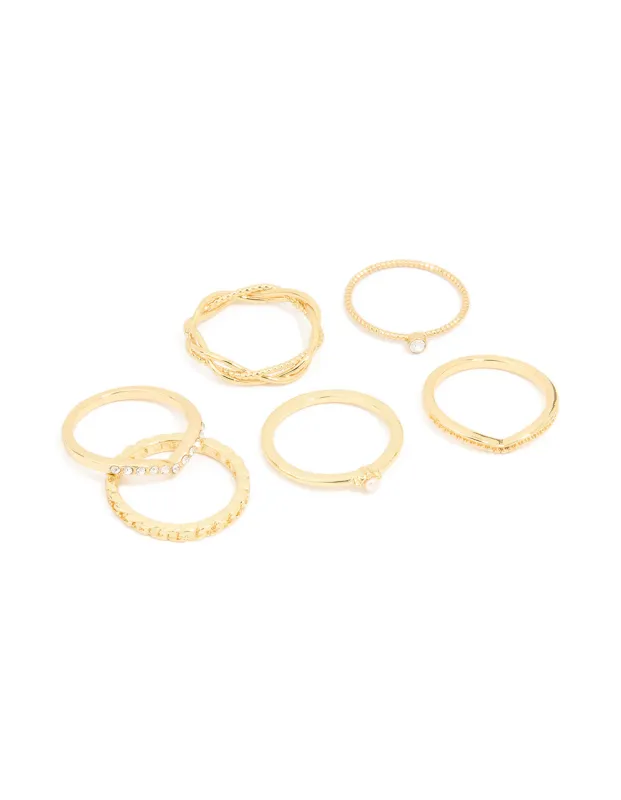 Gold Plated Diamante Twisted V Rings 6-Pack sold by lovisa