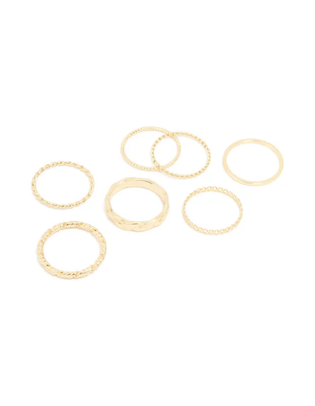 Gold Plated Twisted Mixed Band Rings 7-Pack sold by lovisa