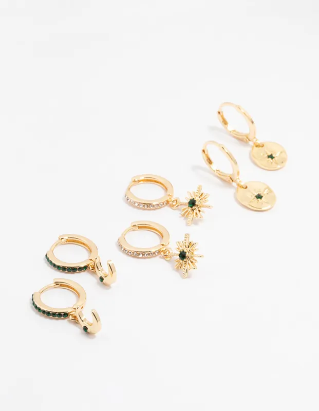 Gold Plated Emerald Celestial Huggie Earrings 3-Pack sold by lovisa