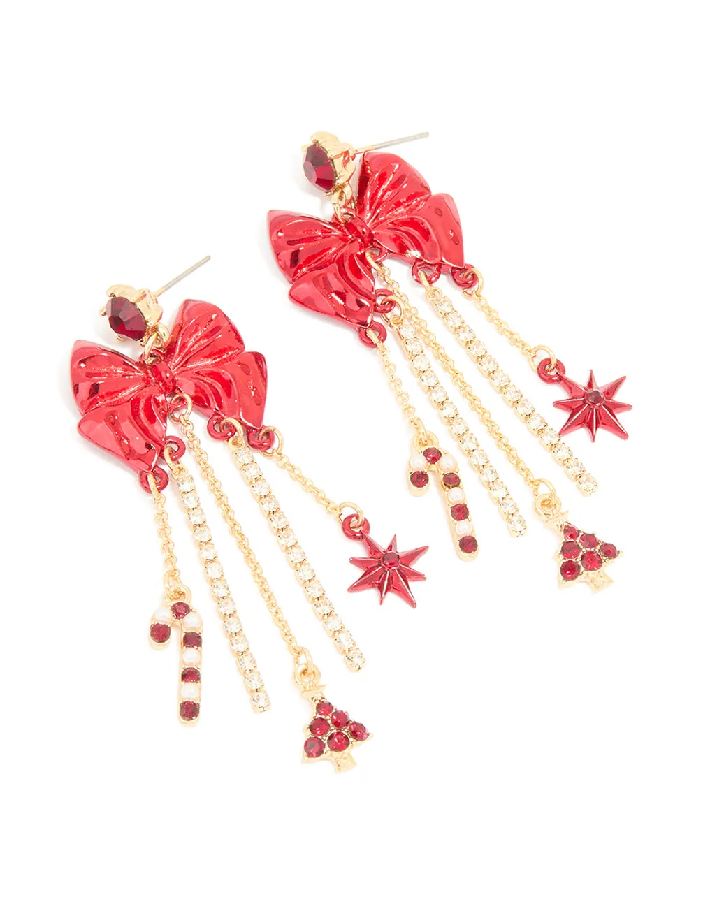 Gold Diamante Cup Chain Red Bow Drop Earrings sold by lovisa
