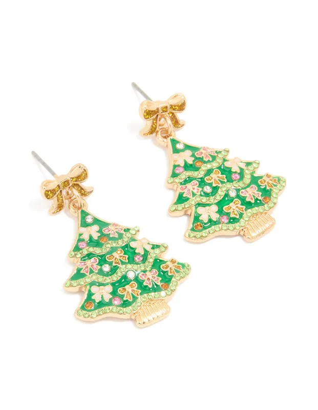 Gold Bow Festive Tree Drop Earrings sold by lovisa