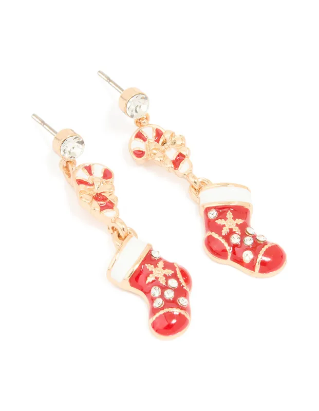 Gold Diamante Stocking & Candy Cane Drop Earrings sold by lovisa