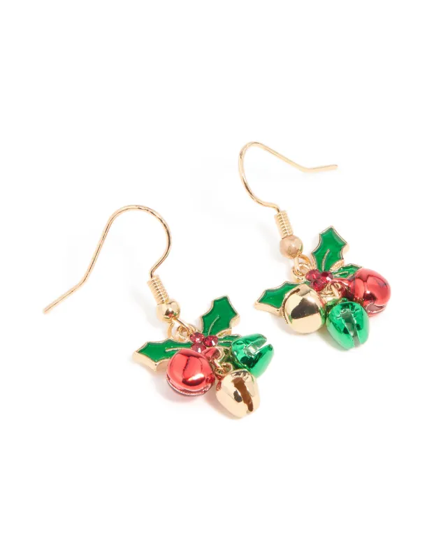 Gold Holly Plant & Red Bell Drop Earrings sold by lovisa