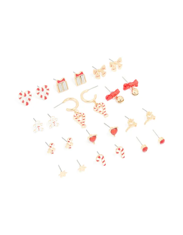 Gold Candy Cane Heart & Present Earrings 12-Pack sold by lovisa