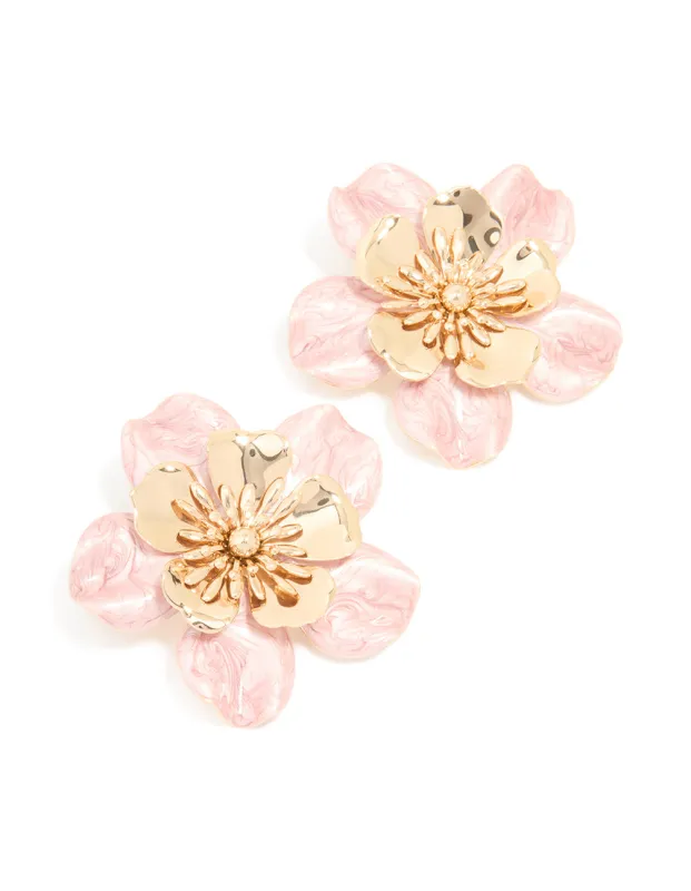 Gold Pink Enamel Layered Flower Stud Earrings sold by lovisa