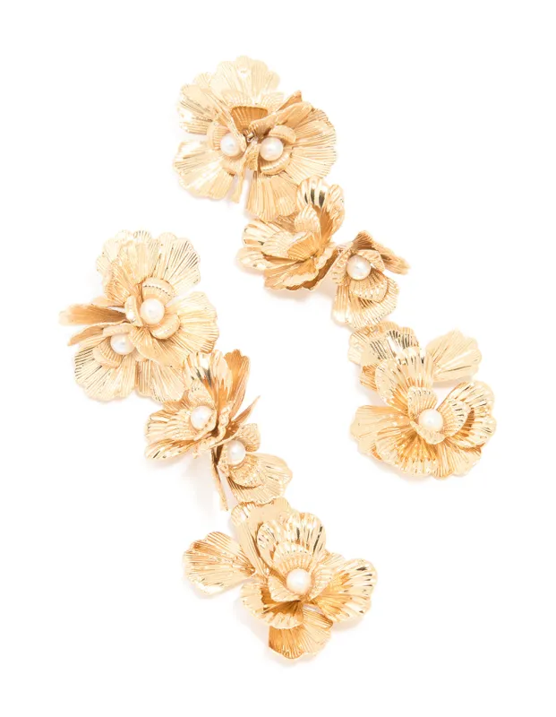 Gold Molten & Pearl Flower Drop Earrings sold by lovisa