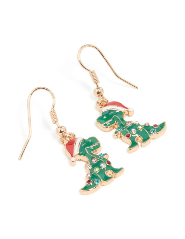 Gold Santa Hat Dinosaur With Diamante Lights Drop Earrings sold by lovisa