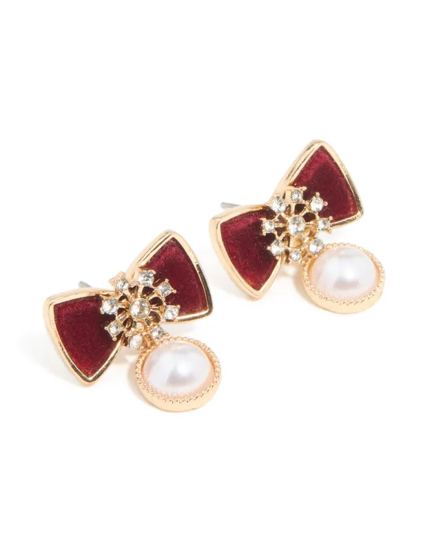 Gold Red Velvet Pearl & Snowflake Stud Earrings sold by lovisa