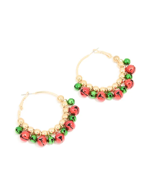 Gold Green & Red Bell Hoop Earrings sold by lovisa