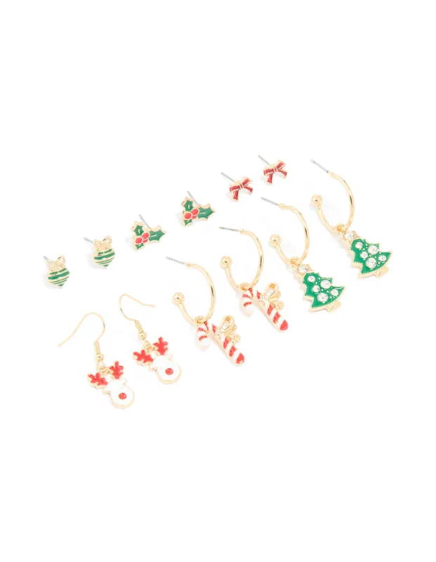 Gold Holly & Festive Earrings 6-Pack sold by lovisa