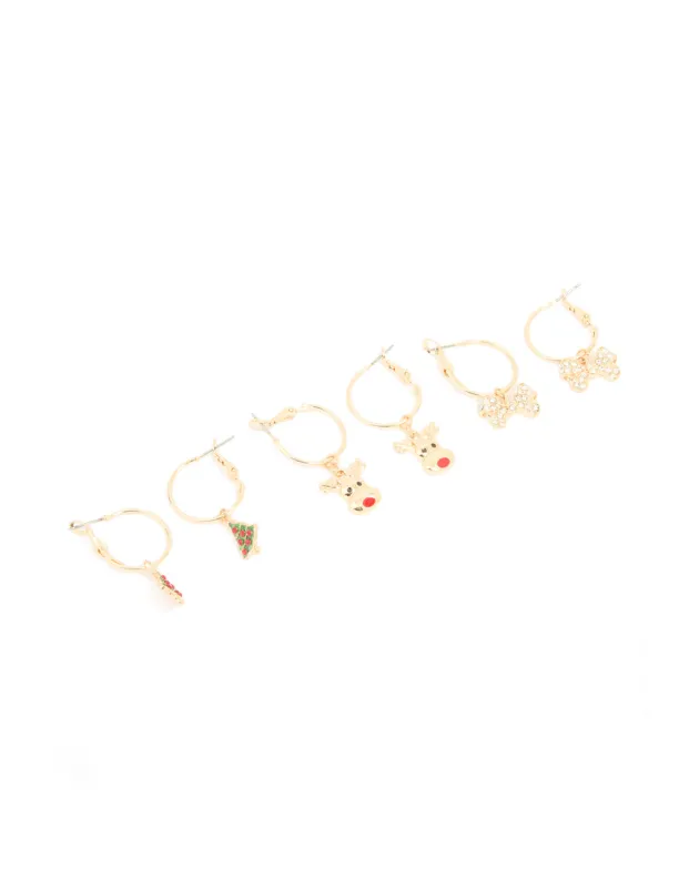Gold Diamante Bow & Reindeer Hoop Earrings 3-Pack sold by lovisa