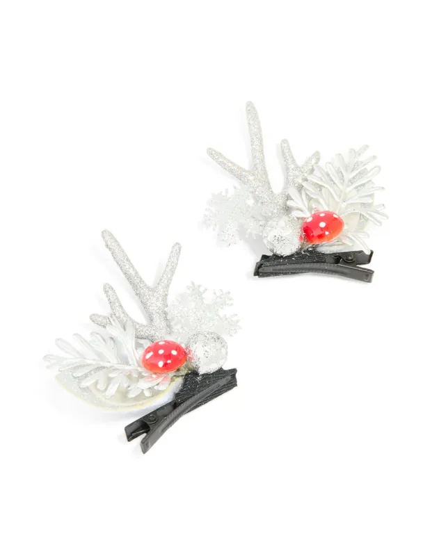 Silver Mushroom & Reindeer Hair Clips 2-Pack sold by lovisa