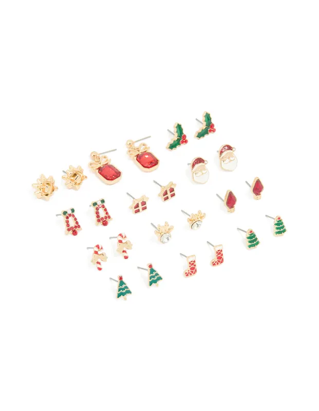 Gold Diamante Bow Drop & Santa Earrings 12-Pack sold by lovisa