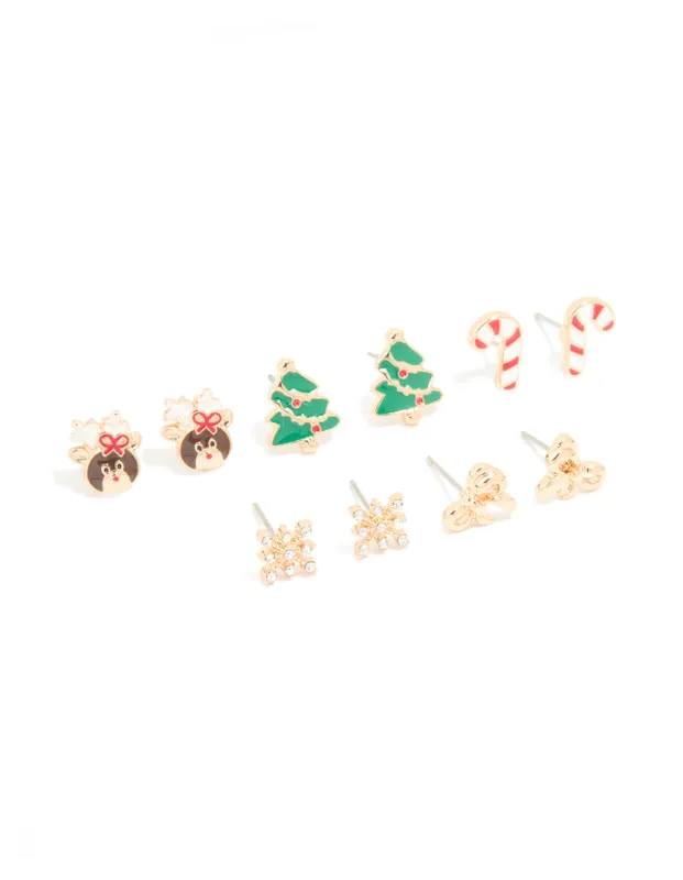 Gold Cute Reindeer & Snowflake Earrings 5-Pack sold by lovisa