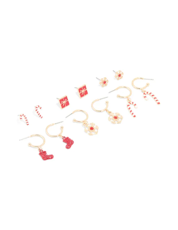 Gold Red Diamante Snowflake & Present Earrings 6-Pack sold by lovisa