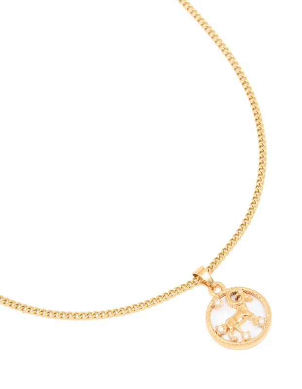 Waterproof Gold Plated Stainless Steel Aries Circle Zodiac Sign Necklace sold by lovisa