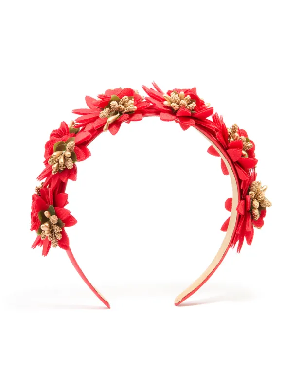 Red Fabric Poinsettia Floral Headband sold by lovisa