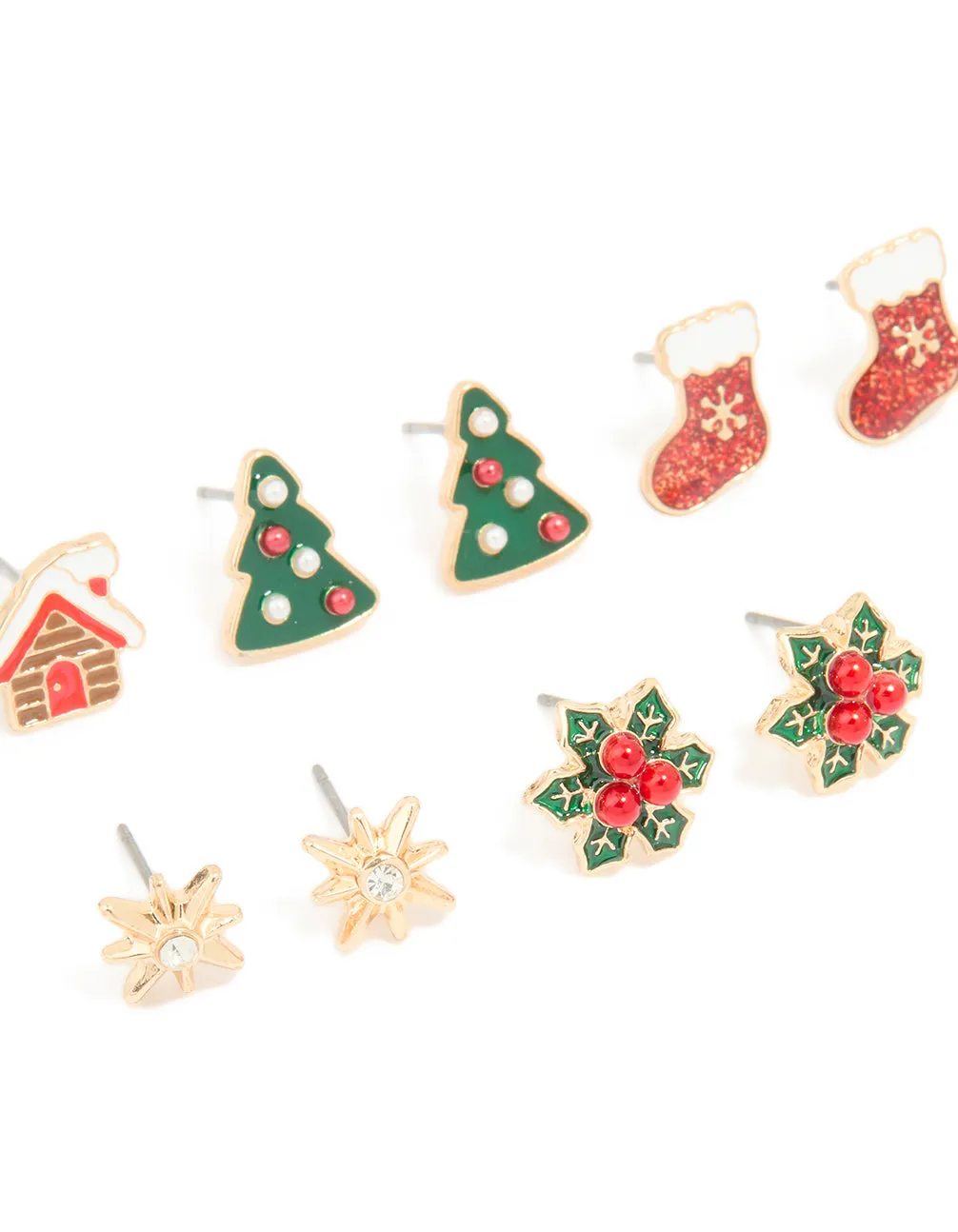 Gold Red Glittery Stocking & Gingerbread House Earrings 5-Pack sold by lovisa product image thumbnail 2