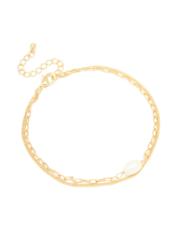 Gold Plated Freshwater Pearl Chain Layered Bracelet sold by lovisa
