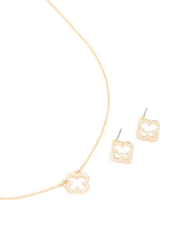 Gold Cubic Zirconia Outline Flower Earring & Necklace Set sold by lovisa