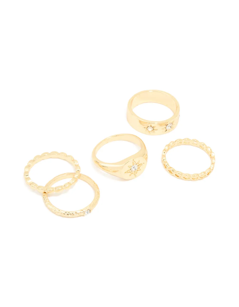 Gold Plated Star Stamped Signet & Textured Rings 5-Pack sold by lovisa