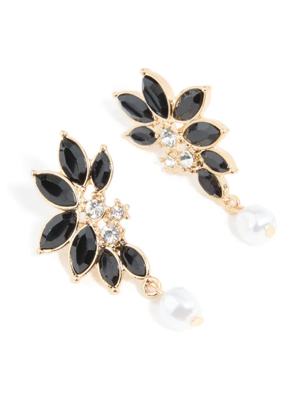 Gold Black Diamante Pearl Marquise Stud Earrings sold by lovisa