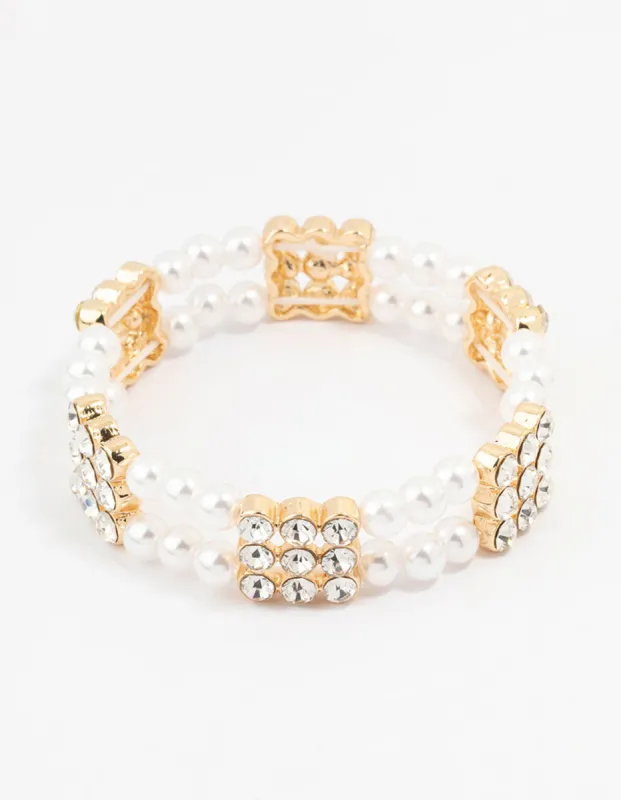 Gold Diamante & Pearl Multiple Layer Bracelet sold by lovisa