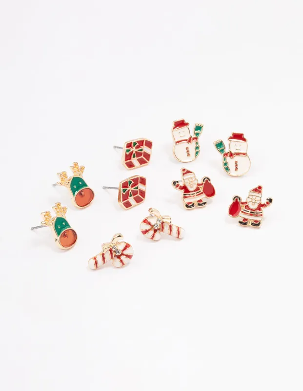 Gold Enamel Candy Cane & Green Red Reindeer Stud 5-Pack sold by lovisa