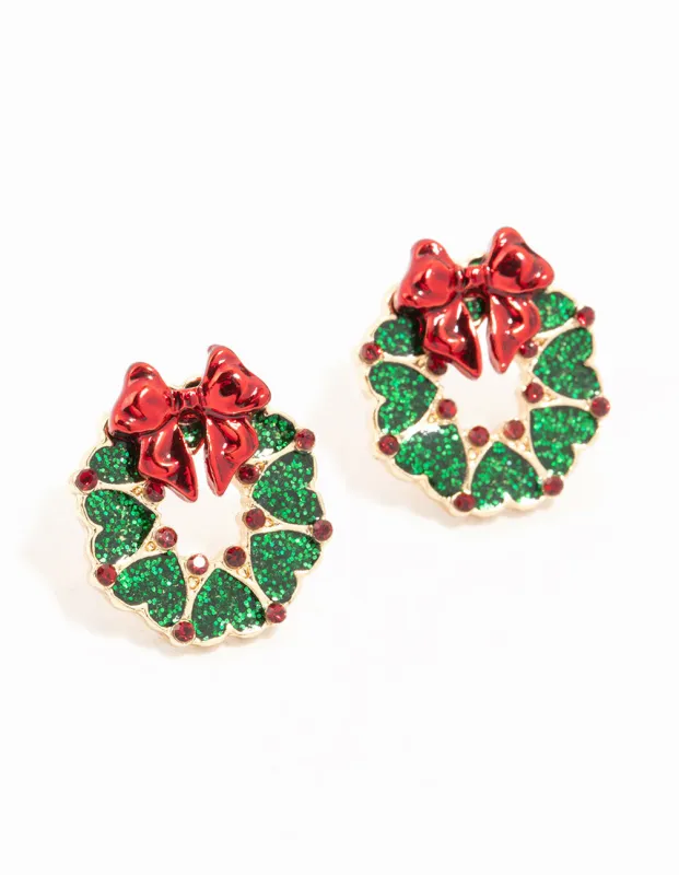 Gold Green Wreath With Red Bow Stud Earrings sold by lovisa