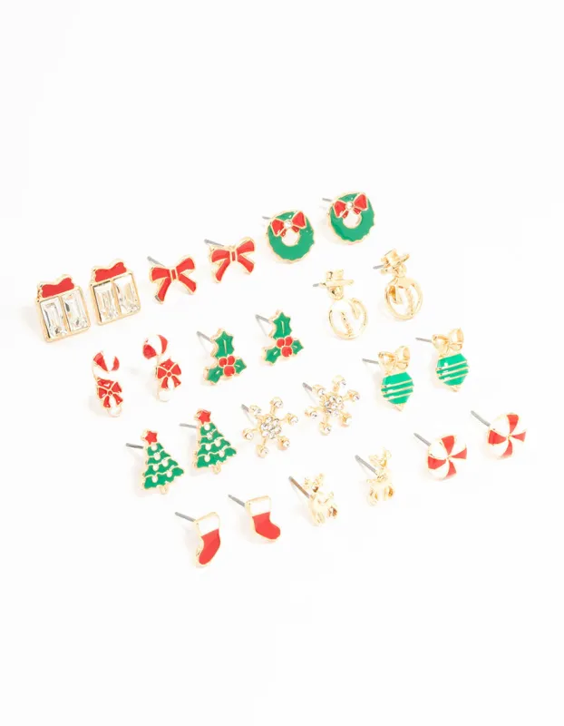 Gold Candy Cane & Bow Earrings 12-Pack sold by lovisa