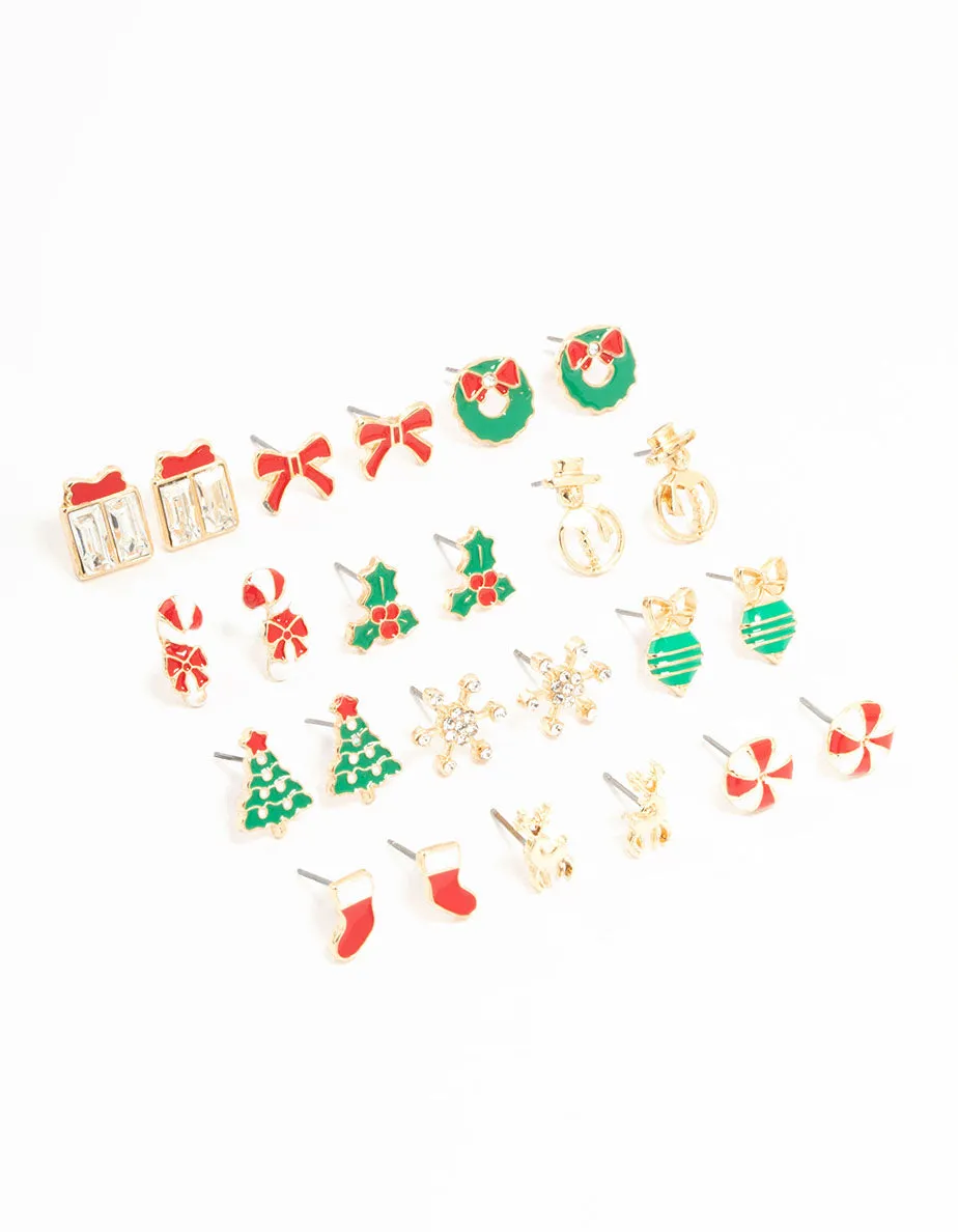 Gold Candy Cane & Bow Earrings 12-Pack sold by lovisa