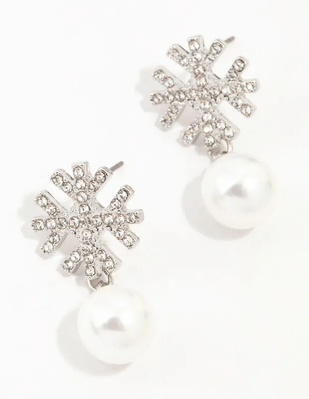 Silver Pearl & Diamante Snowflake Earrings sold by lovisa
